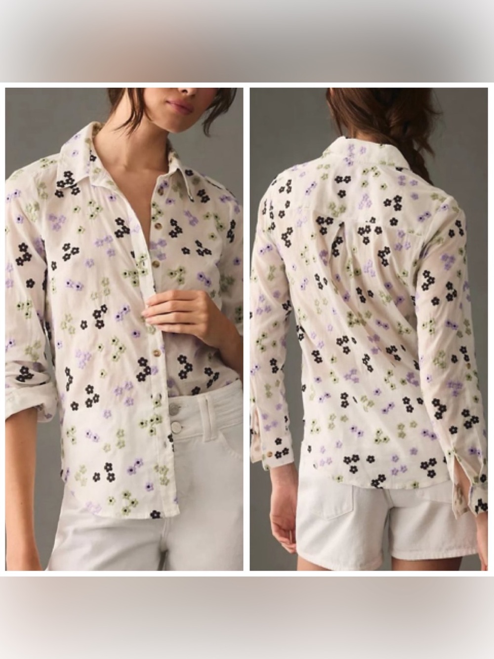 Maeve By Anthropologie Embroidered Buttondown Blouse Womens L Floral Long Sleeve